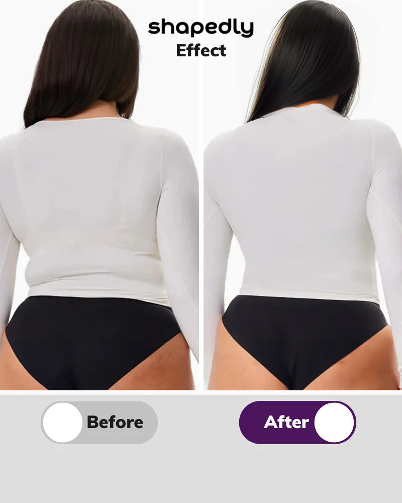 Before and after wearing a back smoothing bra – eliminates back bulges and creates a sleek silhouette under clothing
