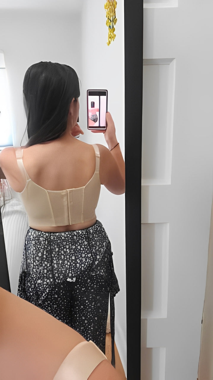 Back view of nude back smoothing bra with wide wings – seamless support for women