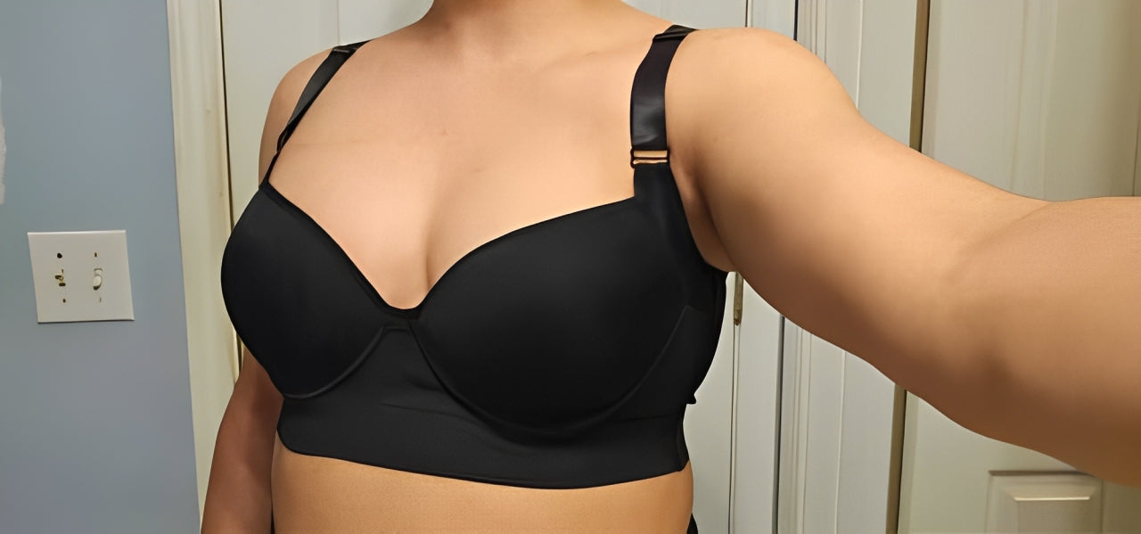 Back smoothing bra with sculpting fit – front view in black, size B to J cup